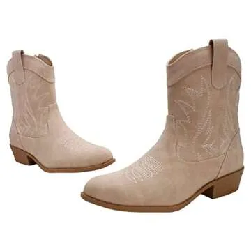 PEPPEP Western Cowgirl Cowboy Ankle Boots for Women or Ladies, Mid Calf, Vegan Leather Embroidered Upper, Low Heel, Pointed-toe (9, Tan)