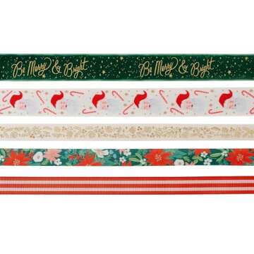 RIFLE PAPER CO. Be Merry & Bright Ribbon Set, Christmas Holiday Wrapping Supplies for Presents and Gifts, Decorative Design for Bows, Bouquets, Curling and Décor