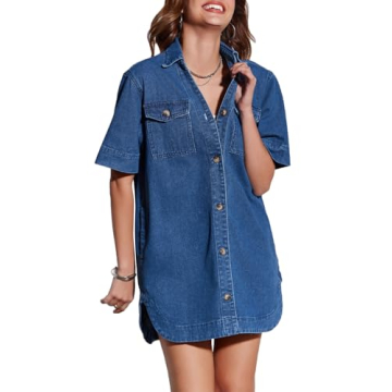 Fisoew Womens Button Down Denim Shirt Dress Loose V Neck Half Sleeve Casual Summer Jean Mini Dresses...