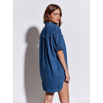 Fisoew Womens Button Down Denim Shirt Dress Loose V Neck Half Sleeve Casual Summer Jean Mini Dresses Blue