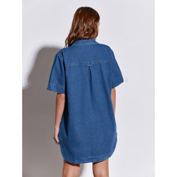Fisoew Womens Button Down Denim Shirt Dress Loose V Neck Half Sleeve Casual Summer Jean Mini Dresses Blue