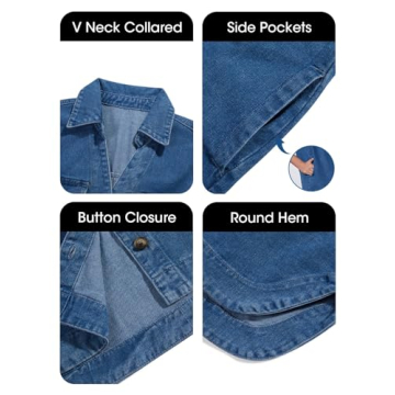 Fisoew Womens Button Down Denim Shirt Dress Loose V Neck Half Sleeve Casual Summer Jean Mini Dresses Blue