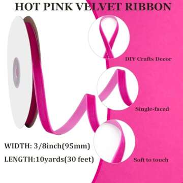 ZIRURUTON Velvet Ribbon Decorations for Christmas Tree DIY Crafts, Vintage Xmas Hot Pink Ribbons for Wedding Hair Bows Flower Home Garland Decor 3/8'' x 10 Yards x 1 Roll
