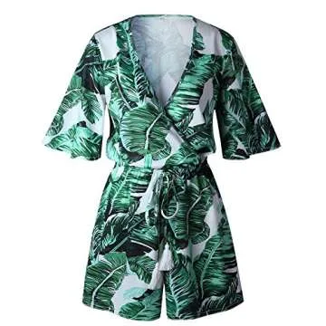 Asskdan Women's Fashion V Neck Leaves Print Short Sleeve Jumpsuit Rompers (Green, S)