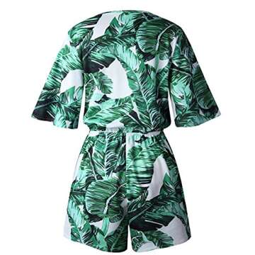 Asskdan Women's Fashion V Neck Leaves Print Short Sleeve Jumpsuit Rompers (Green, S)