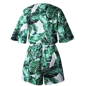 Asskdan Women's Fashion V Neck Leaves Print Short Sleeve Jumpsuit Rompers (Green, S)