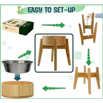 Dog Bowls Elevated Large Dogs - Raised to 15-inch, Bamboo and Steel Dish Included (74-oz Cap.) - Ideal for Labrador, G-Sheperd, Retriever, Poodle, Boxer, Husky, Doberman, Great Dane, Bernese