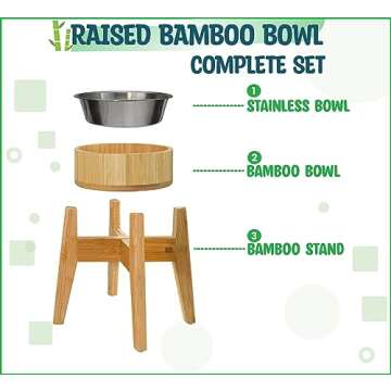 Dog Bowls Elevated Large Dogs - Raised to 15-inch, Bamboo and Steel Dish Included (74-oz Cap.) - Ideal for Labrador, G-Sheperd, Retriever, Poodle, Boxer, Husky, Doberman, Great Dane, Bernese