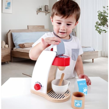 Hape Wooden White Coffee Maker Kitchen Set with Accessories| Pretend Play Toy Set for Kids Ages 3 Years & Up