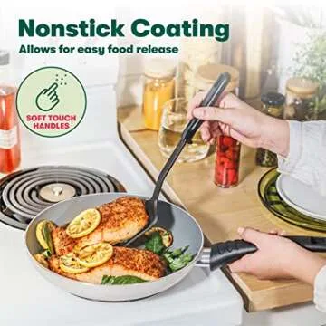 BELLA Cookware Set, 12 Piece Pots and Pans with Utensils, Nonstick PFOA Free Scratch Resistant Cooking Surface Compatible with All Stoves, Nylon and Aluminum, Cream