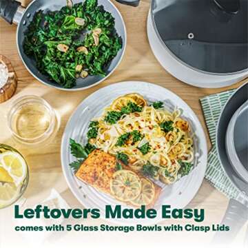 BELLA Cookware Set, 12 Piece Pots and Pans with Utensils, Nonstick PFOA Free Scratch Resistant Cooking Surface Compatible with All Stoves, Nylon and Aluminum, Cream