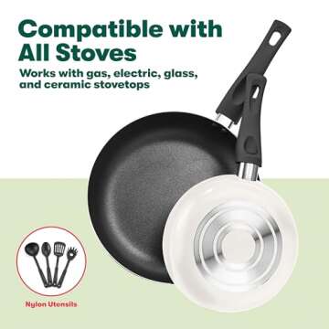 BELLA Cookware Set, 12 Piece Pots and Pans with Utensils, Nonstick PFOA Free Scratch Resistant Cooking Surface Compatible with All Stoves, Nylon and Aluminum, Cream