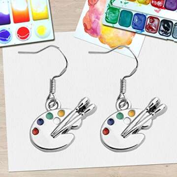 Paint Palette Dangle Earrings, Paint Brush And Colorful Paint Palette Drop Earrings For Women Artist...