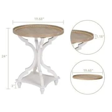 Wnutrees Farmhouse Round Accent End Table, Rustic Side Table Nightstands for Living Room, Wood Tray Top, Handcrafted Finish, Set of 2, White