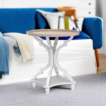 Wnutrees Farmhouse Round Accent End Table, Rustic Side Table Nightstands for Living Room, Wood Tray Top, Handcrafted Finish, Set of 2, White