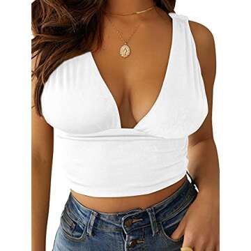 LYANER Women's Sexy Deep V Neck Slim Fitted Strap Crop Cami Tank Sleeveless Top White Small
