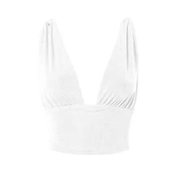 LYANER Women's Sexy Deep V Neck Slim Fitted Strap Crop Cami Tank Sleeveless Top White Small