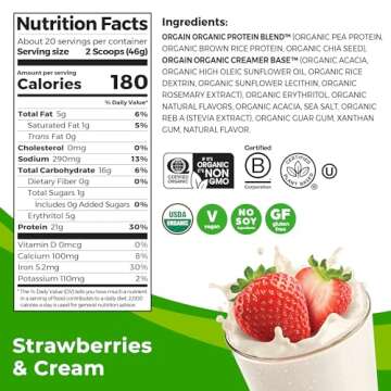 Orgain Organic Vegan Protein Powder, Strawberries & Cream - 21g Plant Based Protein, 4g Prebiotic Fi...