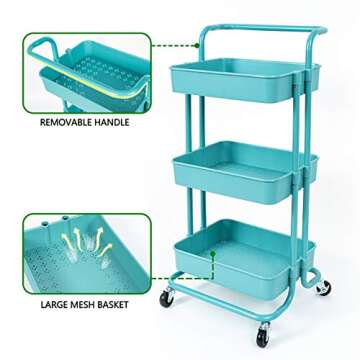 Rolling Storage Cart, 3-Tier Utility Storage Cart with Lockable Wheels, Multifunction Storage Rolling Cart with Mesh Basket and Handles, Easy Assembly