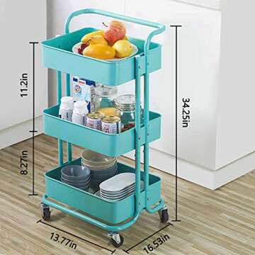 Rolling Storage Cart, 3-Tier Utility Storage Cart with Lockable Wheels, Multifunction Storage Rolling Cart with Mesh Basket and Handles, Easy Assembly