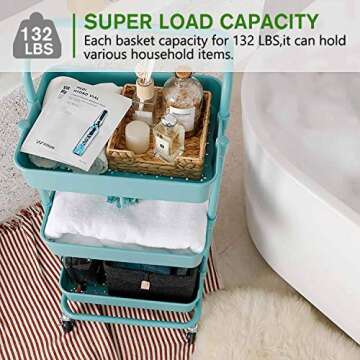 Rolling Storage Cart, 3-Tier Utility Storage Cart with Lockable Wheels, Multifunction Storage Rolling Cart with Mesh Basket and Handles, Easy Assembly