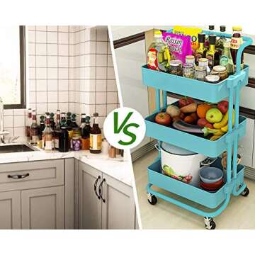 Rolling Storage Cart, 3-Tier Utility Storage Cart with Lockable Wheels, Multifunction Storage Rolling Cart with Mesh Basket and Handles, Easy Assembly