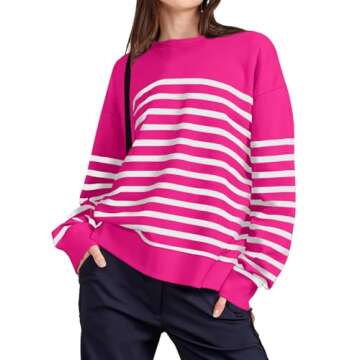 WIHOLL Sweatshirts for Women Lightweight Long Sleeve Tunic Tops for Leggings Pink and White Striped Shirt S