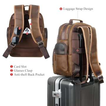 TIDING Men's Vintage Leather Backpack for 15.6" Laptop - Large Capacity Design for Travel