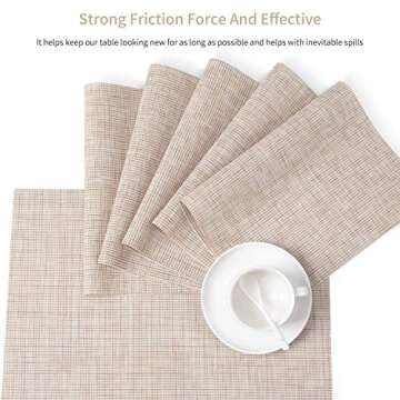 SENDAY Placemats, Set of 8 Heat-Resistant Placemats Stain Resistant Anti-Skid Placemats for Kitchen Table, Washable Durable PVC Table Mats Woven Vinyl Placemats Beige