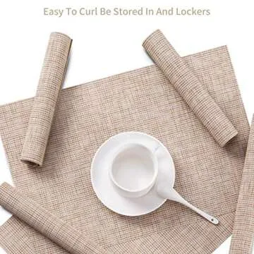 SENDAY Placemats, Set of 8 Heat-Resistant Placemats Stain Resistant Anti-Skid Placemats for Kitchen Table, Washable Durable PVC Table Mats Woven Vinyl Placemats Beige