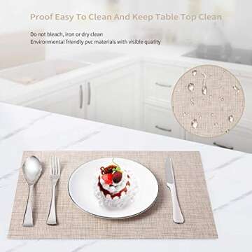 SENDAY Placemats, Set of 8 Heat-Resistant Placemats Stain Resistant Anti-Skid Placemats for Kitchen Table, Washable Durable PVC Table Mats Woven Vinyl Placemats Beige