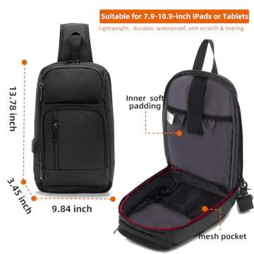 KINGSLONG Crossbody Sling Bag, Lightweight Sling Bag with USB Charging Port for Men, Chest Bag Crossbody Bag Daypack Casual Shoulder Backpack for Hiking Outdoor Travel Cycling Camping