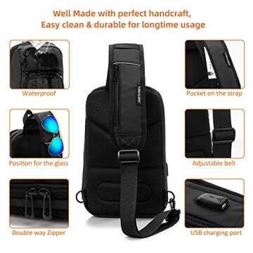 KINGSLONG Crossbody Sling Bag, Lightweight Sling Bag with USB Charging Port for Men, Chest Bag Crossbody Bag Daypack Casual Shoulder Backpack for Hiking Outdoor Travel Cycling Camping