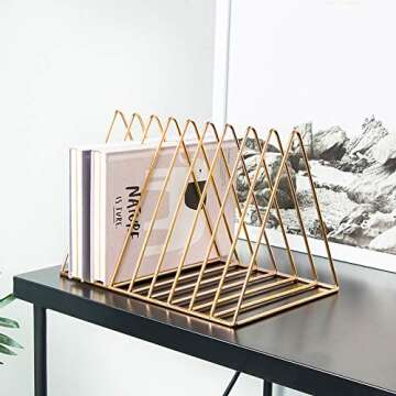Cq acrylic Triangle File Folder Racks and Magazine Holder,10 Lattice Metal Newspaper Holder Magazine File Storage for Office Home Decoration,Gold