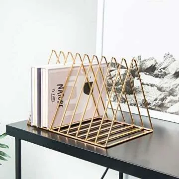 Cq acrylic Triangle File Folder Racks and Magazine Holder,10 Lattice Metal Newspaper Holder Magazine File Storage for Office Home Decoration,Gold