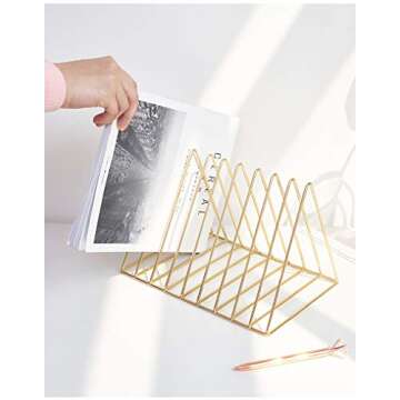 Cq acrylic Triangle File Folder Racks and Magazine Holder,10 Lattice Metal Newspaper Holder Magazine File Storage for Office Home Decoration,Gold
