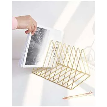 Cq acrylic Triangle File Folder Racks and Magazine Holder,10 Lattice Metal Newspaper Holder Magazine File Storage for Office Home Decoration,Gold