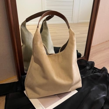 Suede Tote Bag, 2024 New Womens Suede Tote Bag, Suede Purse, Faux Leather Tote Bag for Women Vintage Handle Bag (Beige)