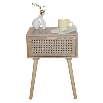AWASEN Nightstand Mid Century Modern Side Table with Rattan Drawer, End Table with Storage and Solid Wood Legs for Bedroom Living Room Small Space, Easy Assembly (Natural Walnut)