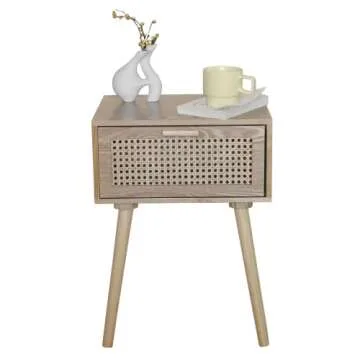 AWASEN Nightstand Mid Century Side Table with Rattan Drawer