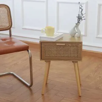 AWASEN Nightstand Mid Century Side Table with Rattan Drawer