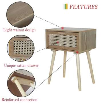 AWASEN Nightstand Mid Century Modern Side Table with Rattan Drawer, End Table with Storage and Solid Wood Legs for Bedroom Living Room Small Space, Easy Assembly (Natural Walnut)