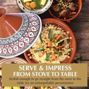 Kamsah Tagine Pot for Flavor Enrichment - Clay Pot for Cooking (10”, 3.1 QT) - Moroccan Ceramic Pots for Cooking with Lid & Serving Bowl - Medium Handmade Cookware, Bohemian Red, Non-Stick, Lead-Free
