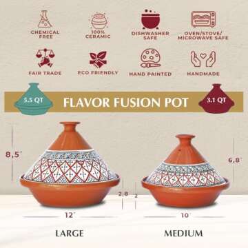 Kamsah Tagine Pot for Flavor Enrichment - Clay Pot for Cooking (10”, 3.1 QT) - Moroccan Ceramic Pots for Cooking with Lid & Serving Bowl - Medium Handmade Cookware, Bohemian Red, Non-Stick, Lead-Free