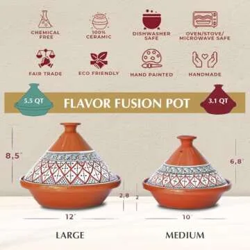 Kamsah Tagine Pot for Flavor Enrichment - Clay Pot for Cooking (10”, 3.1 QT) - Moroccan Ceramic Pots for Cooking with Lid & Serving Bowl - Medium Handmade Cookware, Bohemian Red, Non-Stick, Lead-Free