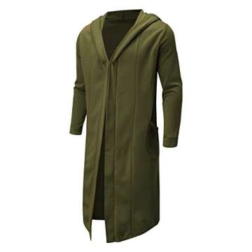 Huangse Men's Mid-Length Street Fashion Steampunk Cape Cloak with Hood Long Sleeve Solid Color Fleece Cardigan Trench Coat(Green,Medium)