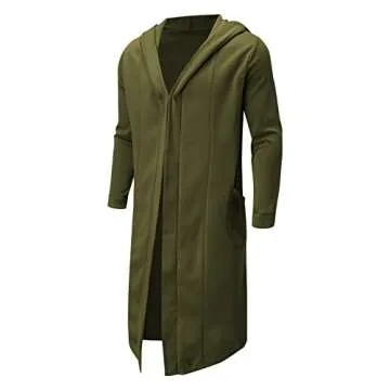 Huangse Men's Mid-Length Street Fashion Steampunk Cape Cloak with Hood Long Sleeve Solid Color Fleece Cardigan Trench Coat(Green,Medium)