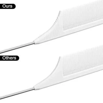 Leinuosen 3 Packs Rat Tail Comb Steel Pin Rat Tail Carbon Fiber Heat Resistant Teasing Combs with Stainless Steel Pintail (White)