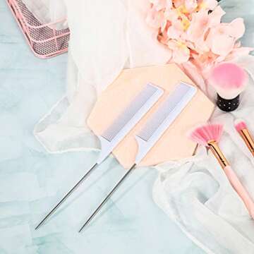 Leinuosen 3 Packs Rat Tail Comb Steel Pin Rat Tail Carbon Fiber Heat Resistant Teasing Combs with Stainless Steel Pintail (White)