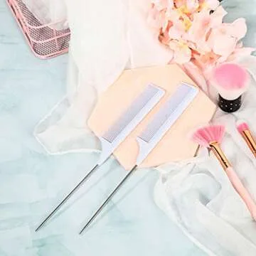 Leinuosen 3 Packs Rat Tail Comb Steel Pin Rat Tail Carbon Fiber Heat Resistant Teasing Combs with Stainless Steel Pintail (White)